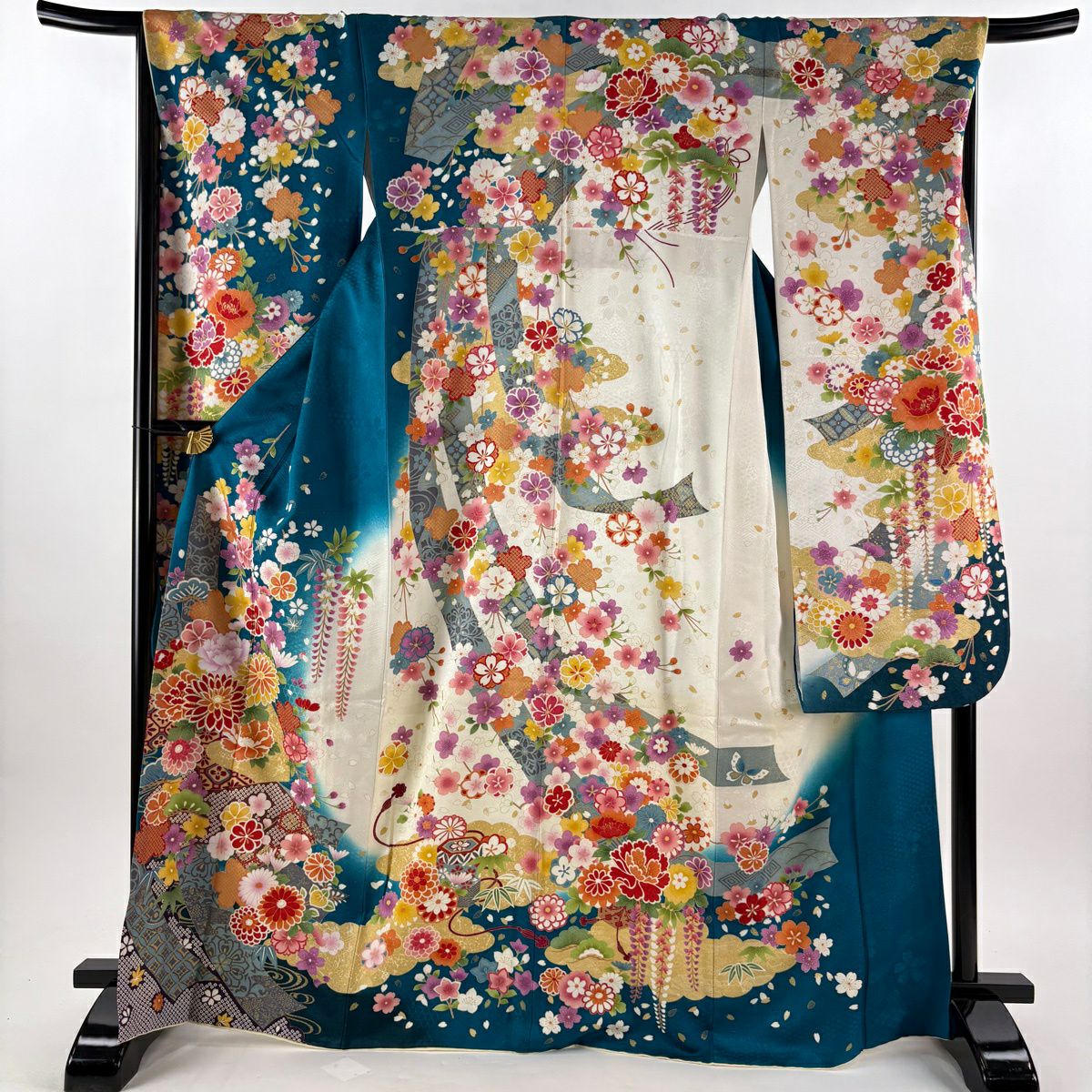 振袖 身丈166.5cm 裄丈67cm M 袷 袋帯フルセット 草花 桜 箔 金彩 青緑