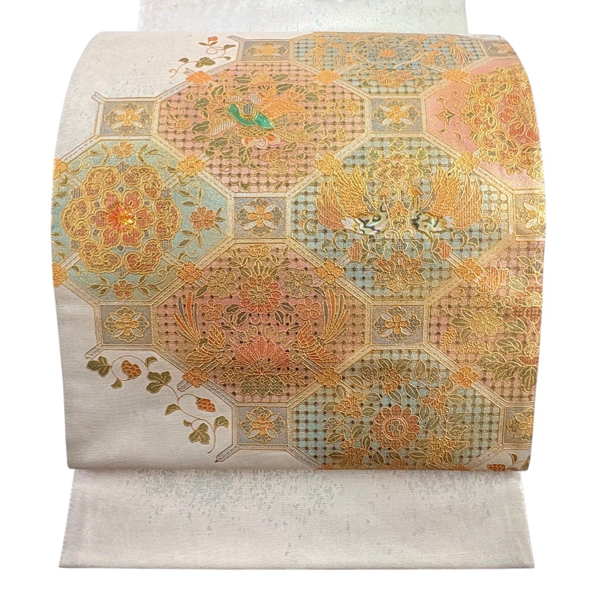 袋帯 秀品 紬地 花車 流水 刺繍 銀彩 ピンクベージュ お太鼓柄 正絹