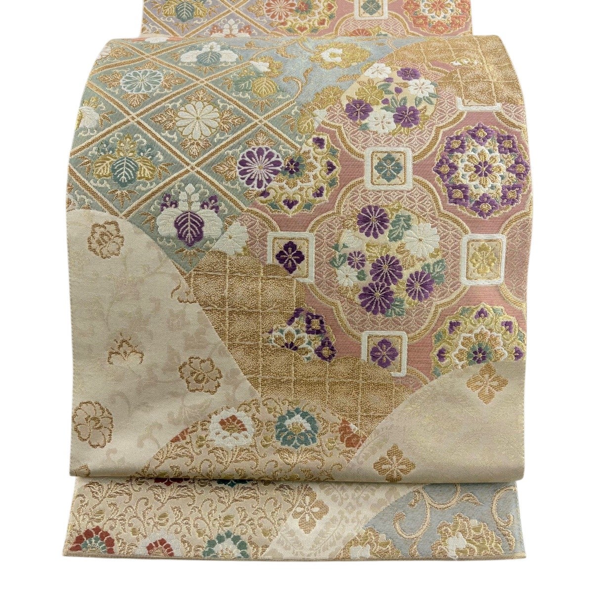 袋帯 名品 じゅらく 落款あり 帝王紫 花唐草 春秋祥華文 金糸 箔 金色