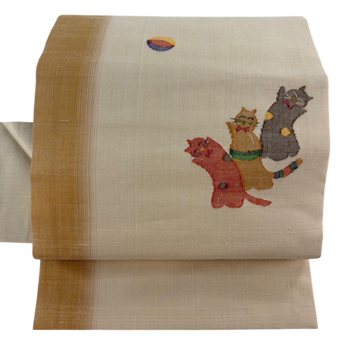 美品】 名古屋帯 名品 紬地 猫 紙風船 ベージュ 正絹|中古 美品】 名古屋帯 名品 紬地 猫 紙風船 ベージュ 正絹|中古