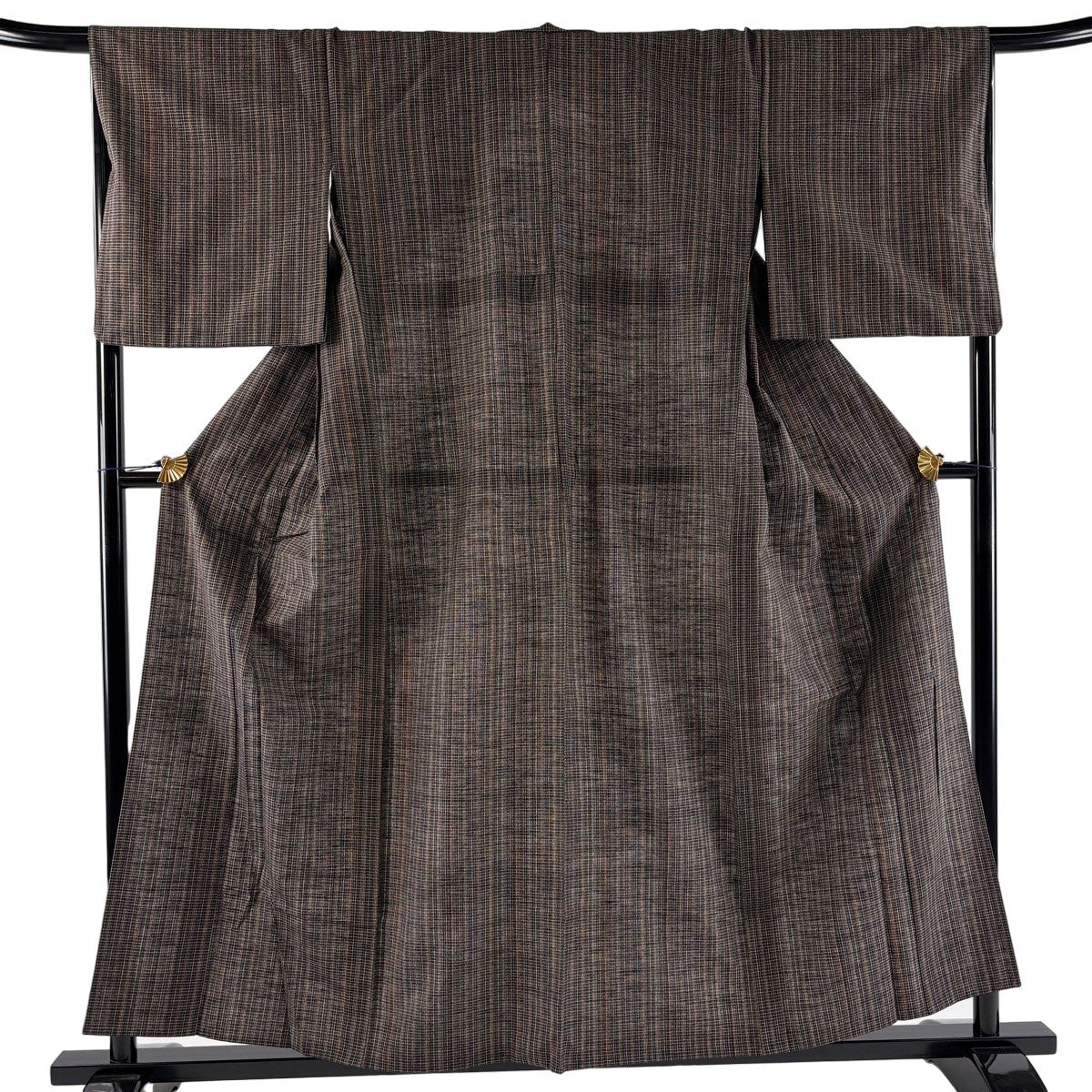 美品】 紬 身丈165.5cm 裄丈64cm M 単衣 草花 縞 灰紫 正絹 秀品｜中古