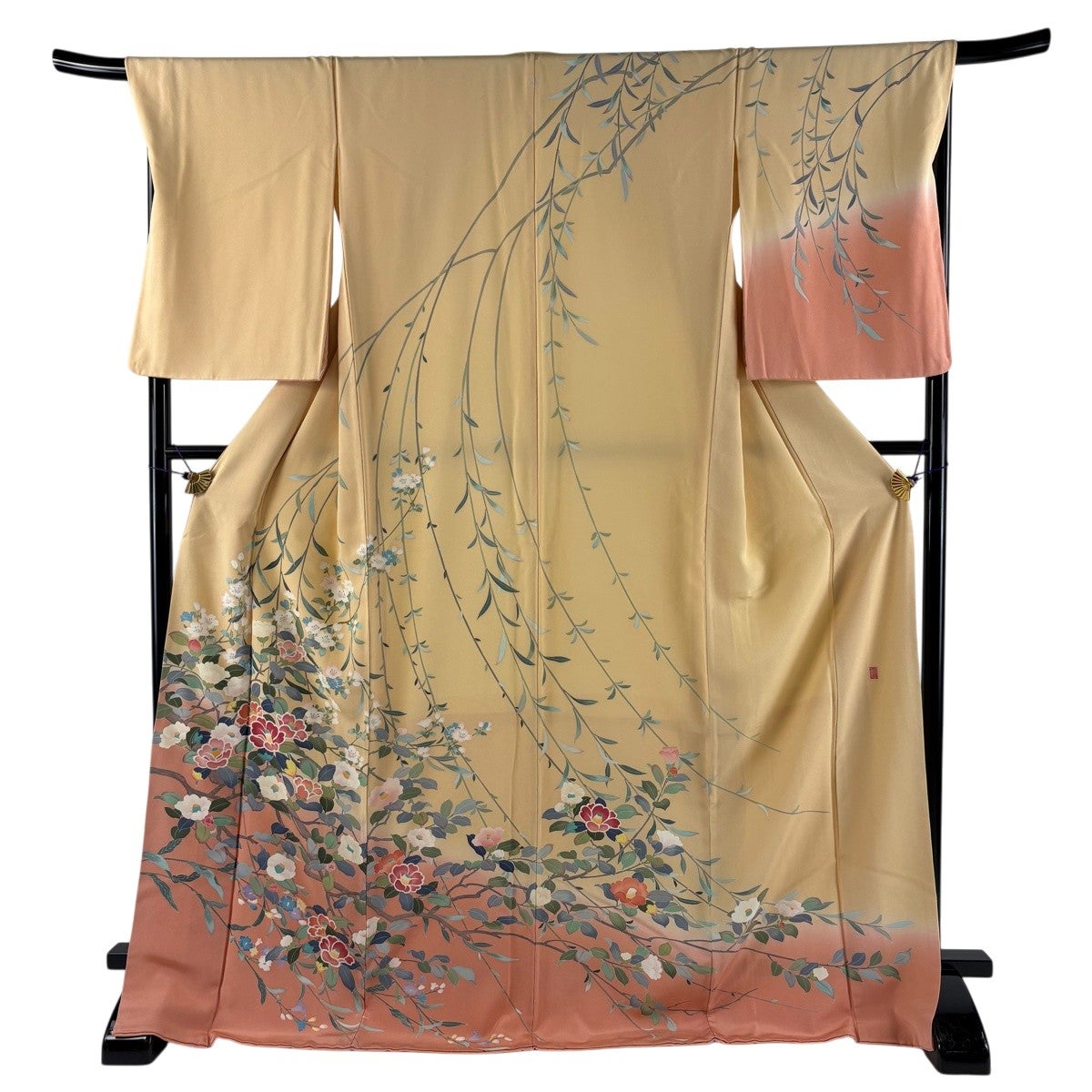 訪問着 身丈172cm 裄丈69cm L 袷 落款あり 椿 枝垂れ桜 染め分け