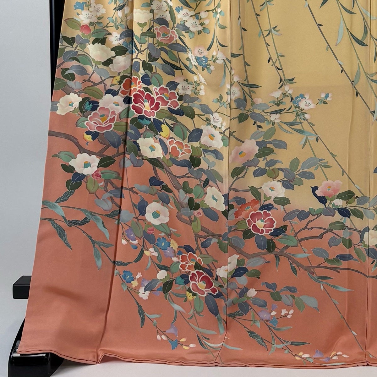 訪問着 身丈172cm 裄丈69cm L 袷 落款あり 椿 枝垂れ桜 染め分け
