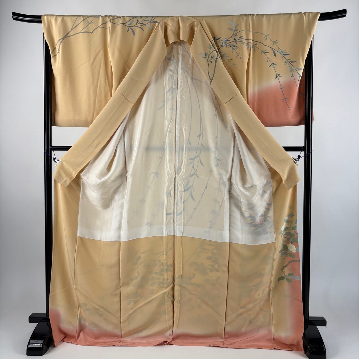 訪問着 身丈172cm 裄丈69cm L 袷 落款あり 椿 枝垂れ桜 染め分け