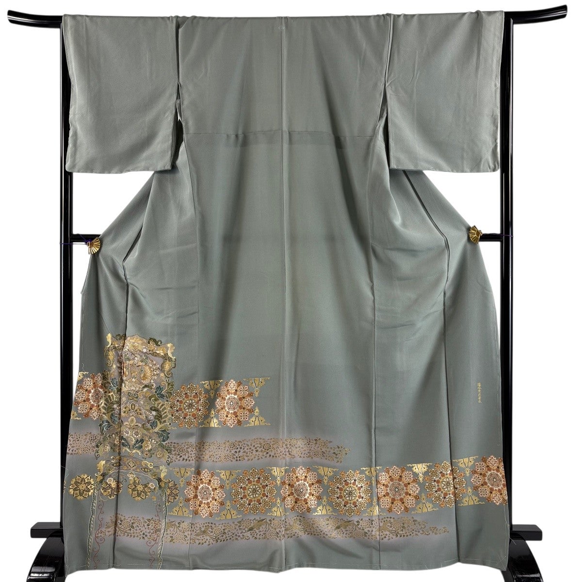 色留袖 身丈168cm 裄丈71cm L 袷 大名行列 ヱ霞 相良刺繍 金糸 灰緑
