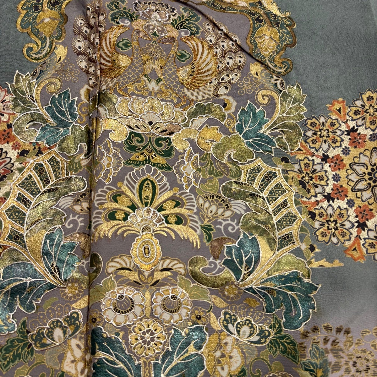 色留袖 身丈167cm 裄丈67.5cm L 袷 鳳凰 華文 金銀彩 金糸 灰緑 正絹