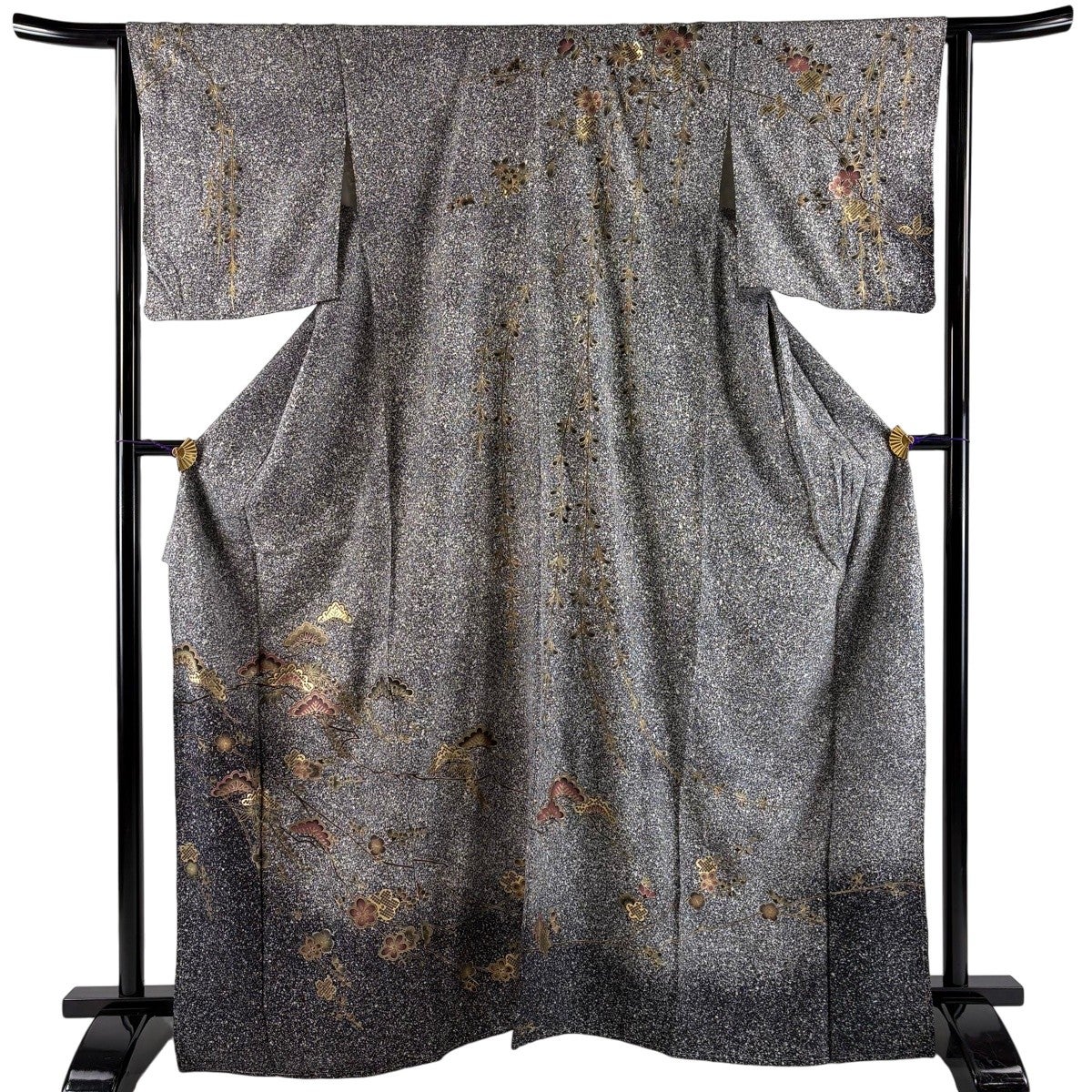 美品】 訪問着 身丈165.5cm 裄丈66.5cm M 袷 桜 藤 金糸 金彩 黒灰
