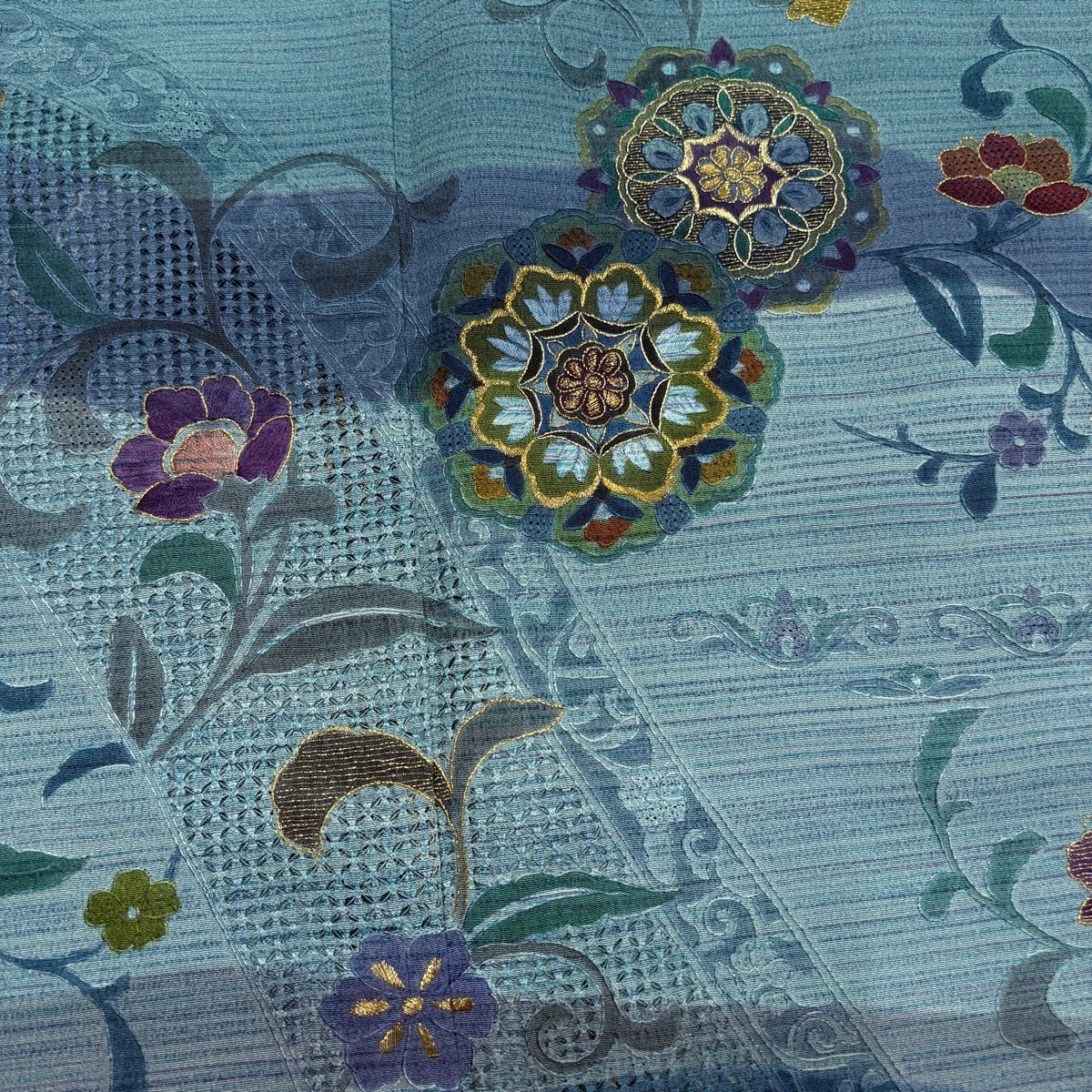 訪問着 身丈162cm 裄丈64cm M 袷 華文 花唐草 刺繍 金糸 青緑 正絹 秀