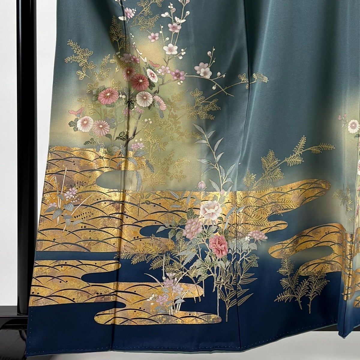 訪問着 身丈160cm 裄丈65.5cm M 袷 菊 枝梅 金彩 ぼかし 灰緑 正絹 秀