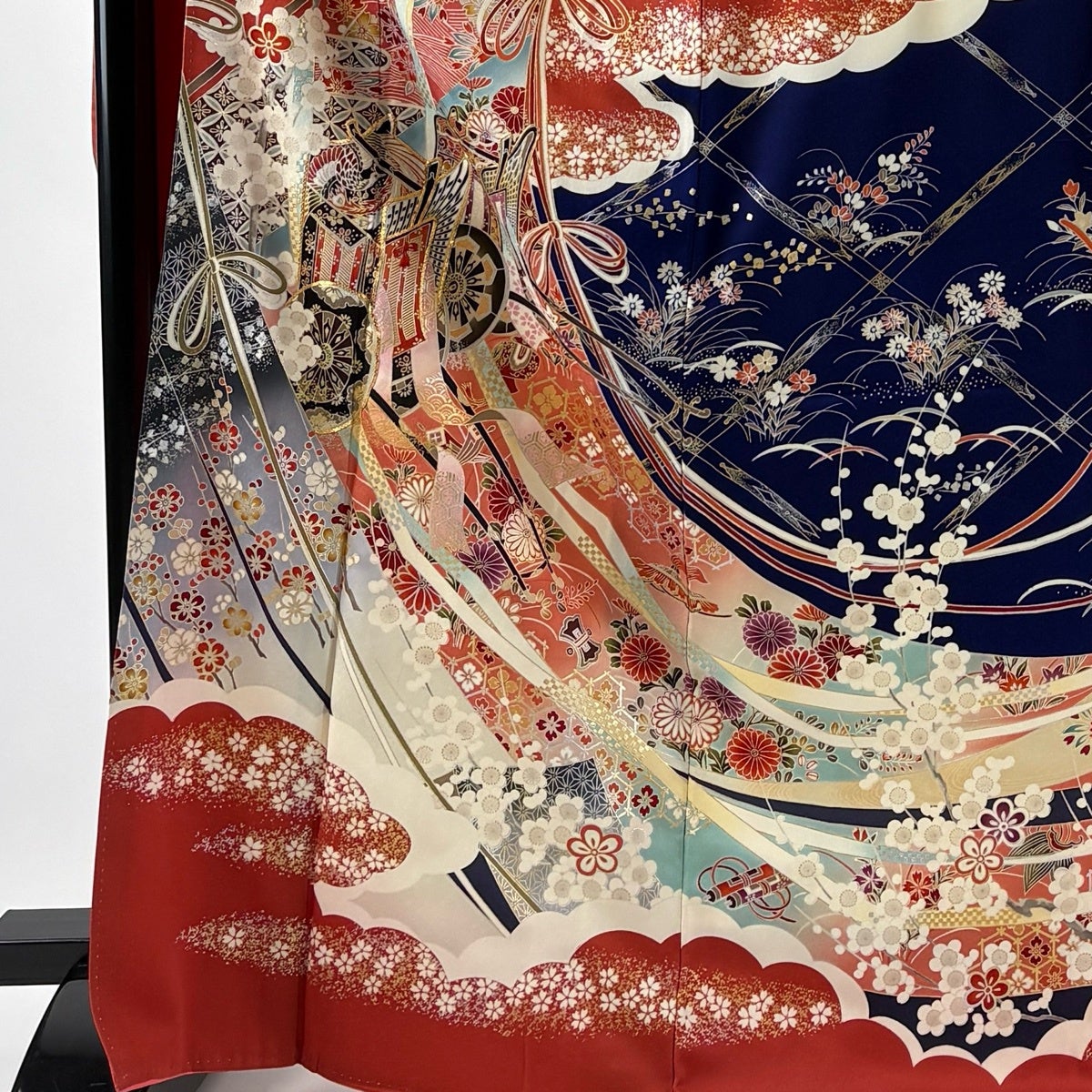 振袖 身丈169cm 裄丈66cm M 袷 御所車 枝梅 金糸 金彩 青紫 正絹 秀品