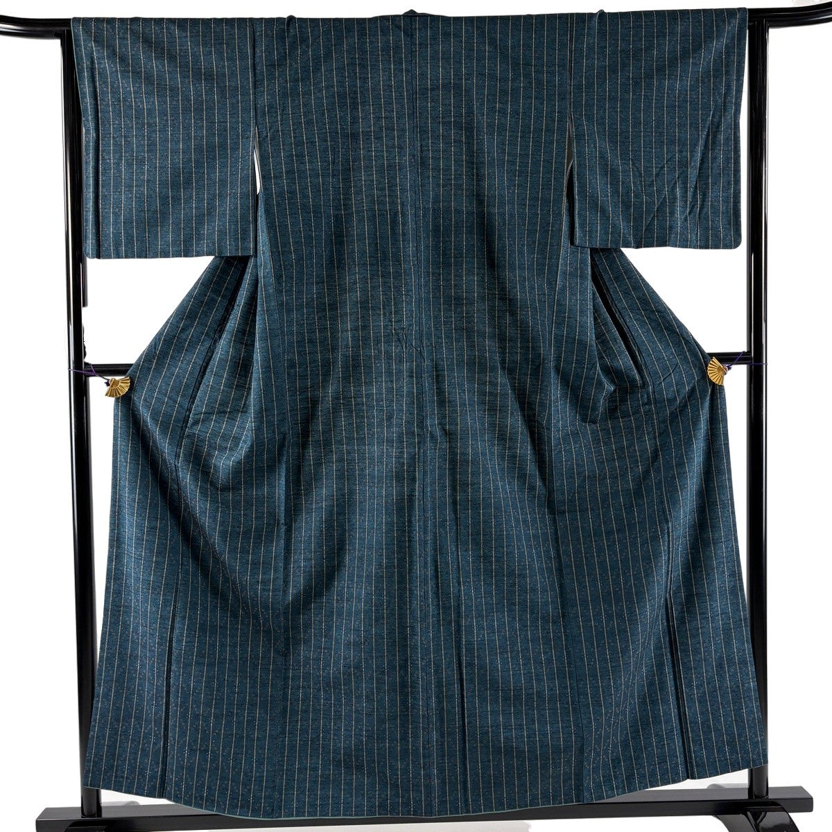 美品】 紬 身丈156cm 裄丈64cm M 袷 縦縞 幾何学模様 青緑 正絹 秀品