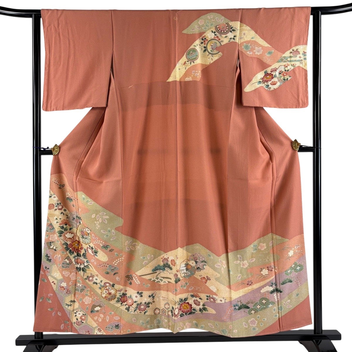 美品】 訪問着 身丈165cm 裄丈66.5cm M 袷 花 扇 絞り 金銀彩 赤紫