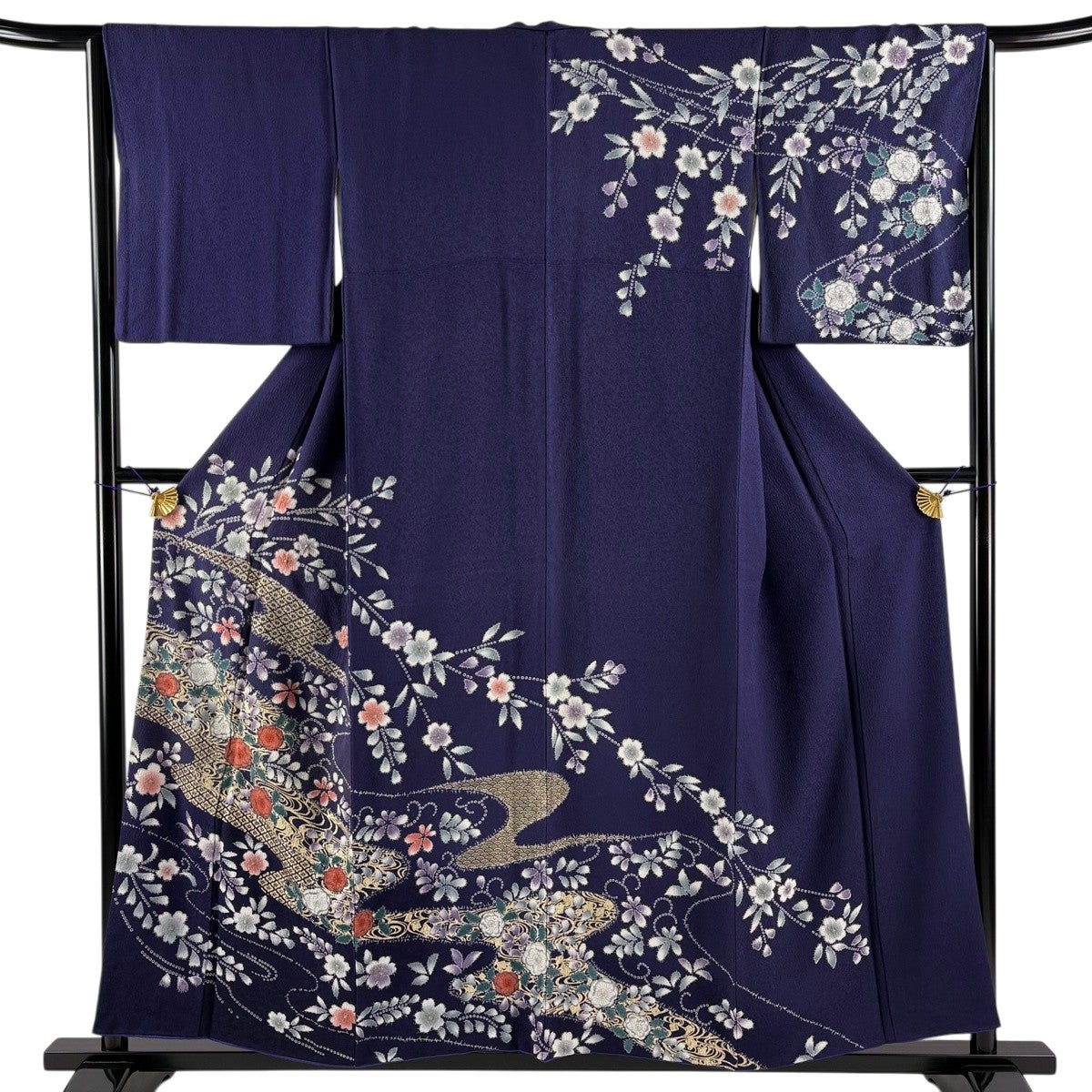 訪問着 名品 落款 草花 金彩 青緑 袷 身丈155cm 裄丈64cm M 正絹 【