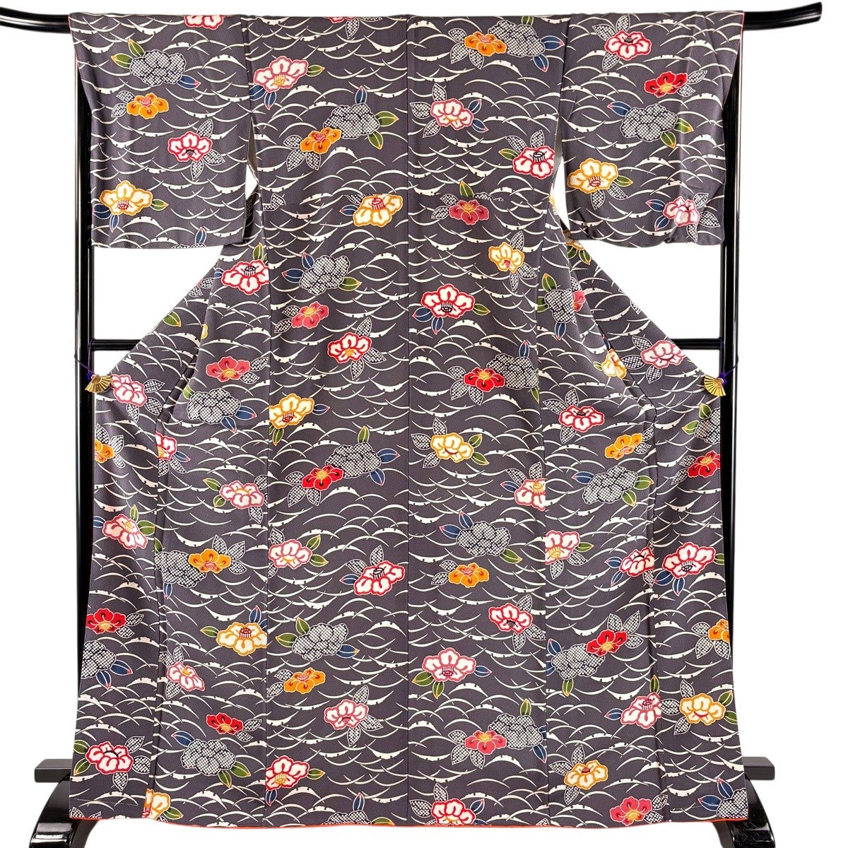 小紋 身丈151.5cm 裄丈63cm S 袷 紬地 幾何学 灰色 正絹 秀品｜中古