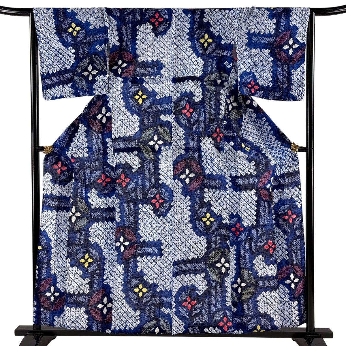 美品】 浴衣 身丈159cm 裄丈64cm M 絞り浴衣 花 幾何学模様 藍色 綿