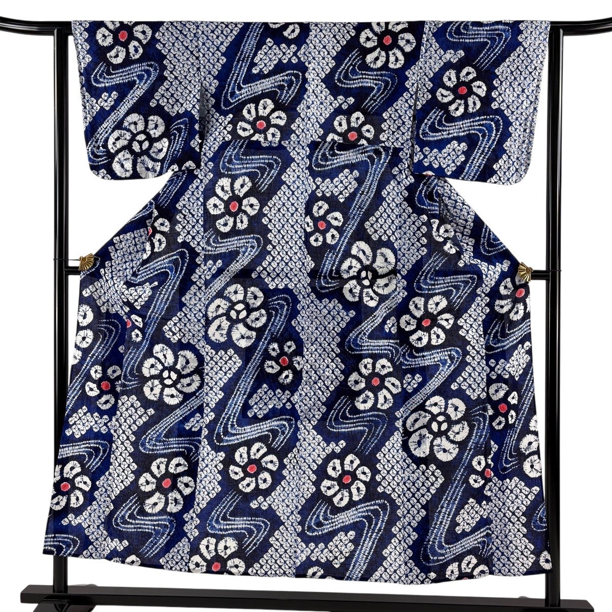 美品】 浴衣 身丈152cm 裄丈62cm S 絞り浴衣 花 流水 青 綿 名品｜中古