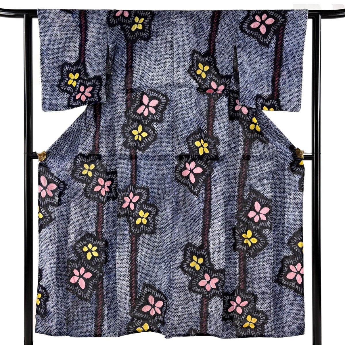 美品】 浴衣 身丈157.5cm 裄丈65.5cm M 絞り浴衣 草花 紺色 綿 名品