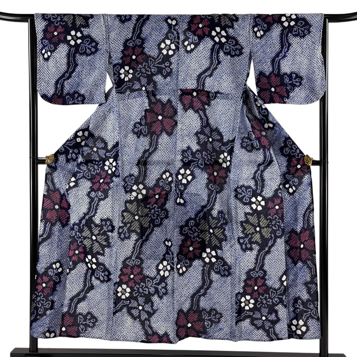 美品】 浴衣 身丈152cm 裄丈65cm M 絞り浴衣 草花 紺色 綿 名品｜中古