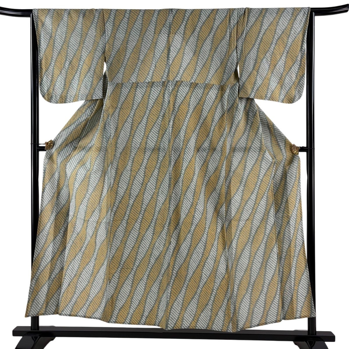 美品】 浴衣 身丈155cm 裄丈64cm M 絞り浴衣 立涌 縞 灰緑 綿 名品