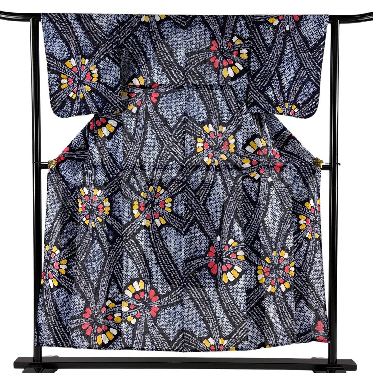 美品】 浴衣 身丈153.5cm 裄丈62.5cm S 絞り浴衣 幾何学 紺色 綿 名品