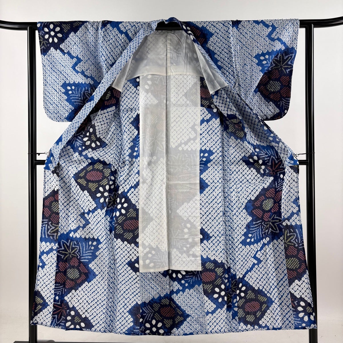 浴衣 身丈152cm 裄丈61cm S 絞り浴衣 草花 青 綿 名品｜中古・古着