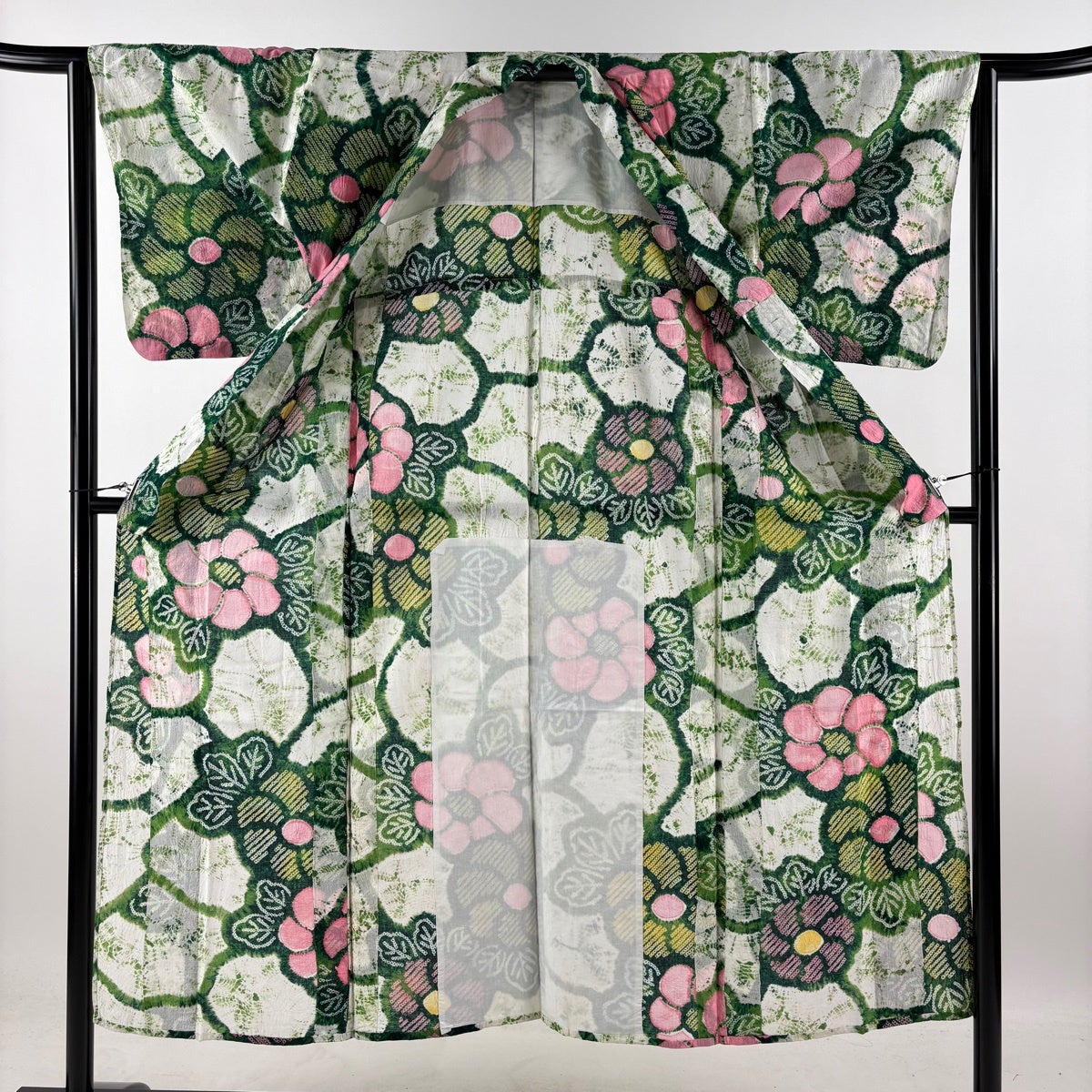 絞り浴衣　変わり生地　丈１５７ 浴衣 身丈147cm 裄丈63.5cm S 絞り浴衣 草花 緑 綿 名品｜中古・古着