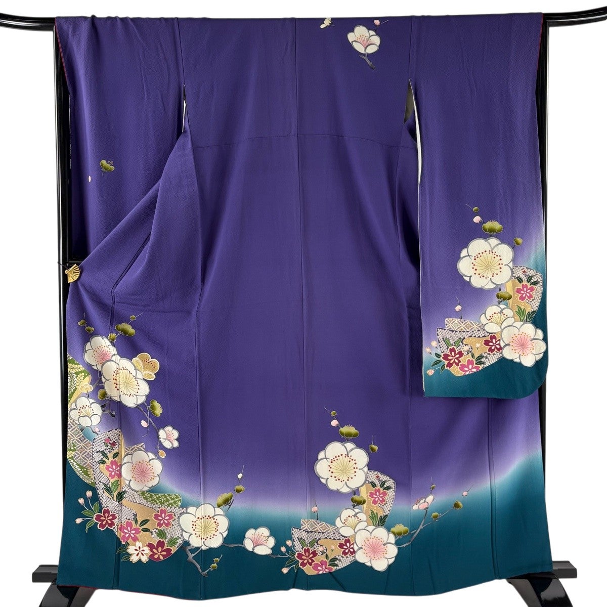 振袖 身丈163cm 裄丈66.5cm M 袷 枝梅 桜 金彩 染め分け 紫 正絹 名品