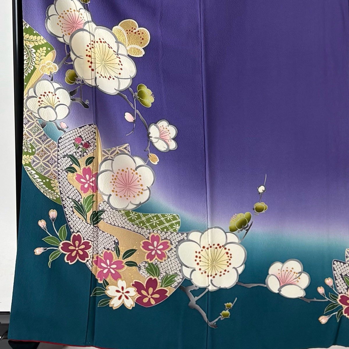 振袖 身丈163cm 裄丈66.5cm M 袷 枝梅 桜 金彩 染め分け 紫 正絹 名品