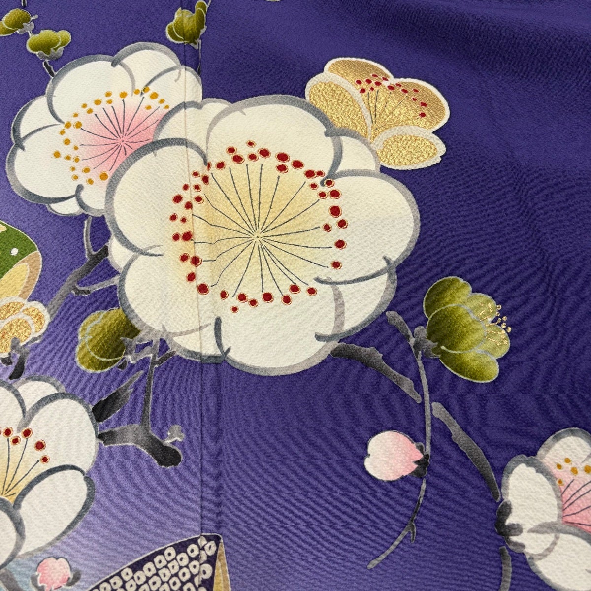 振袖 身丈163cm 裄丈66.5cm M 袷 枝梅 桜 金彩 染め分け 紫 正絹 名品