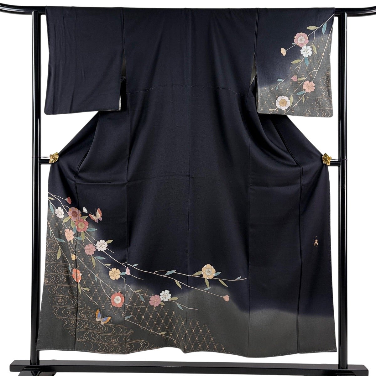 訪問着 身丈152.5cm 裄丈62cm S 袷 草野一騎 落款あり 桜 蝶 金彩