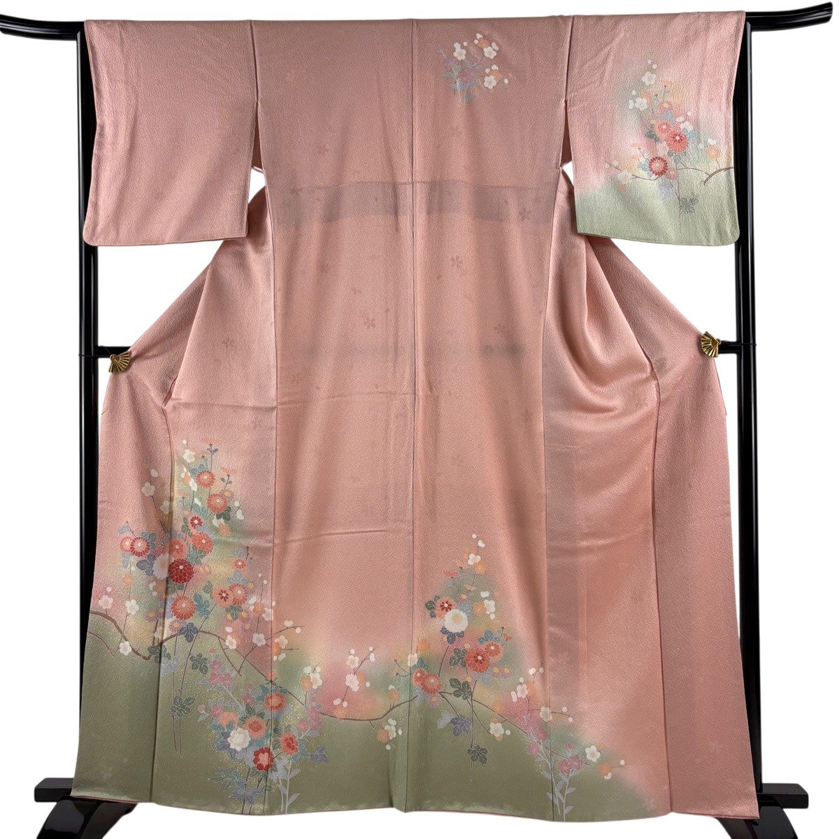 訪問着 身丈154.5cm 裄丈67.5cm L 袷 梅 霞 金彩 絞り ピンク 正絹 秀