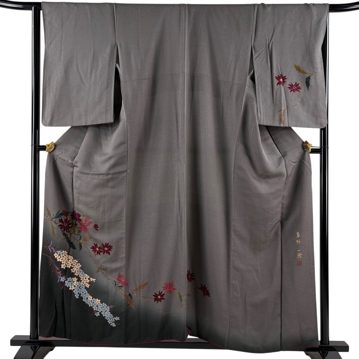 付下げ 身丈157cm 裄丈66cm M 袷 草野一騎 落款あり 枝花 草花 金彩