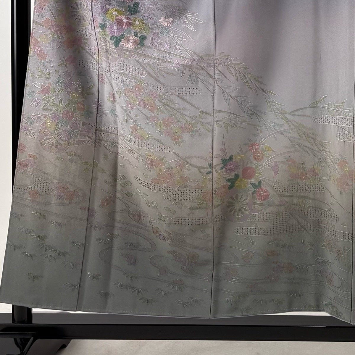 訪問着 身丈155cm 裄丈63cm S 袷 花車 流水 刺繍 ぼかし 紫 正絹 名品