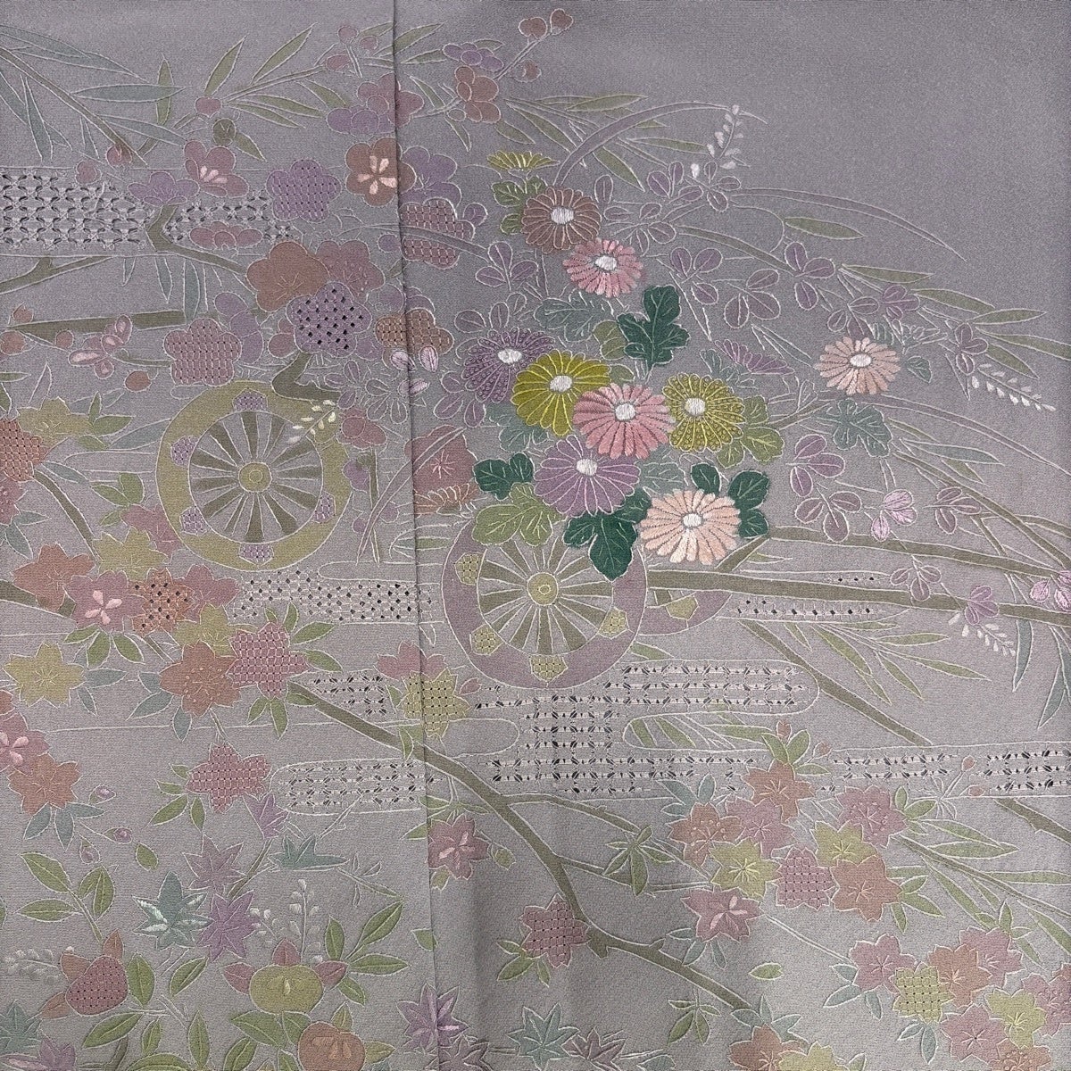 訪問着 身丈155cm 裄丈63cm S 袷 花車 流水 刺繍 ぼかし 紫 正絹 名品