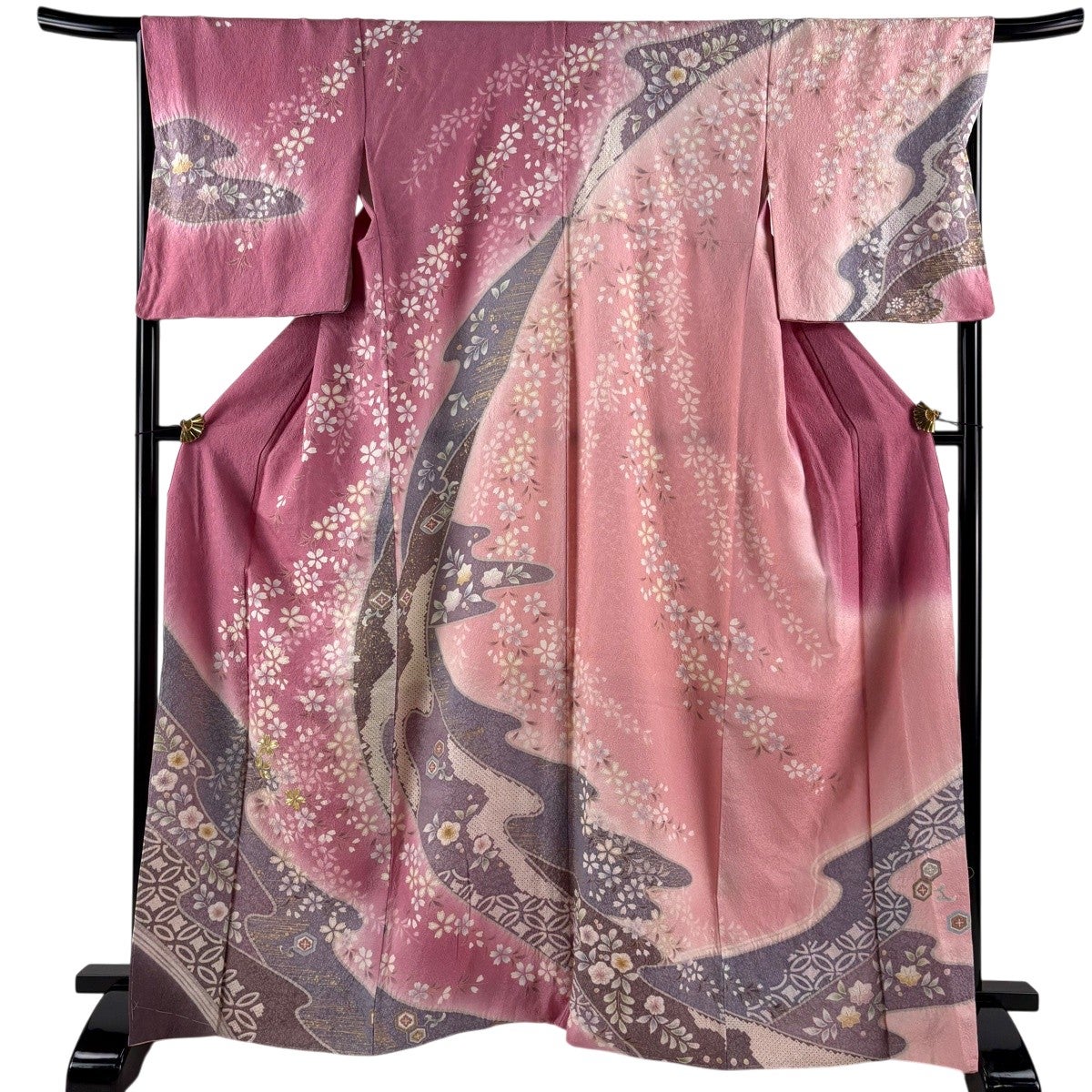 訪問着 身丈167cm 裄丈68.5cm L 袷 枝垂桜 流水 金糸 金彩 ピンク 正絹
