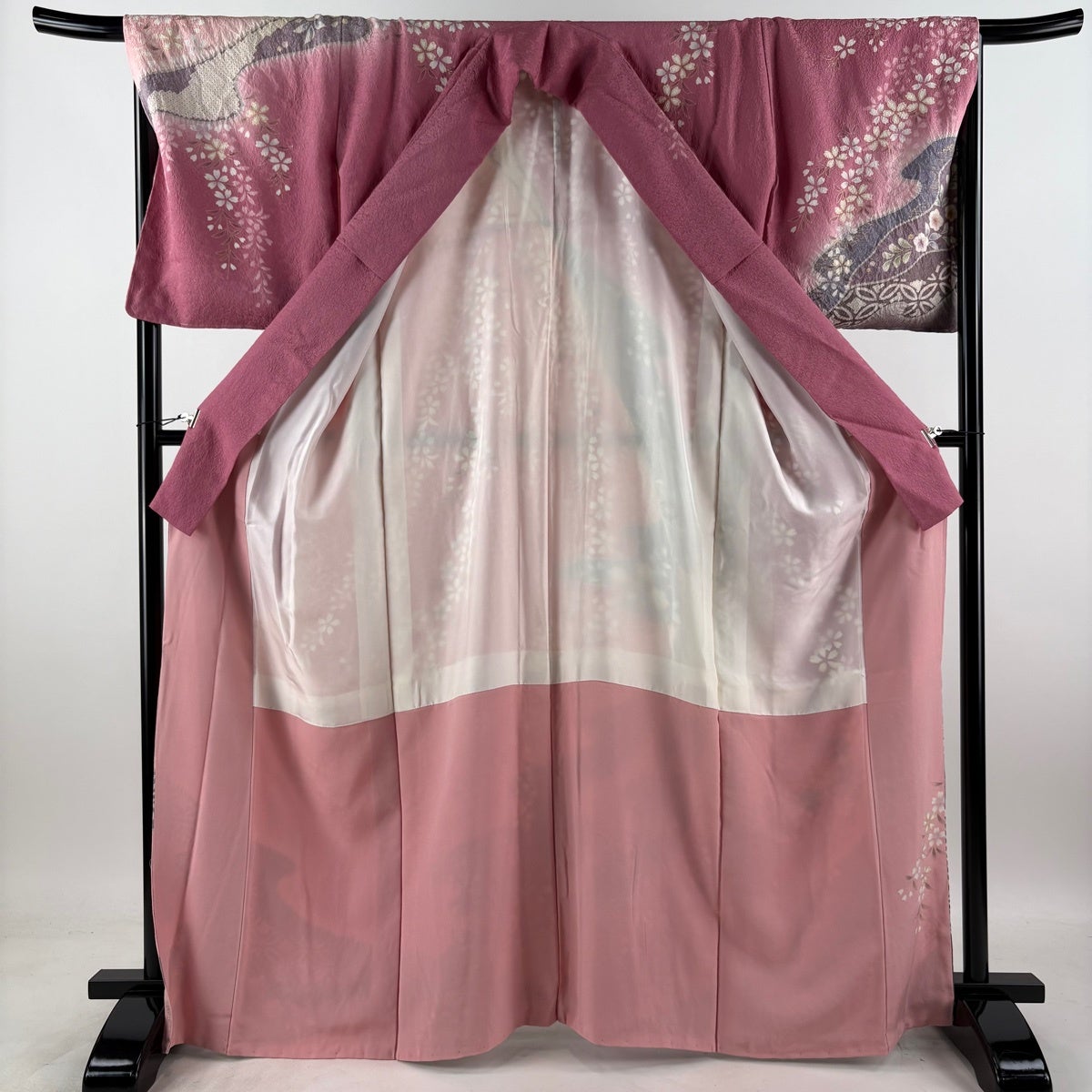 訪問着 身丈167cm 裄丈68.5cm L 袷 枝垂桜 流水 金糸 金彩 ピンク 正絹
