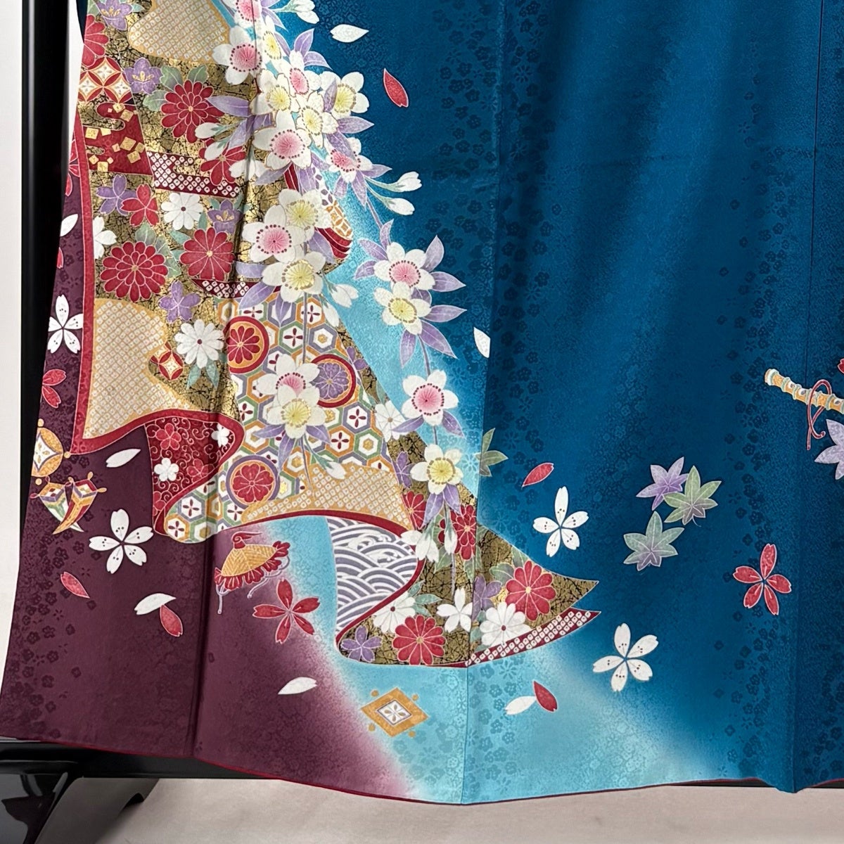 振袖 身丈160.5cm 裄丈65cm M 袷 桜 誰が袖 金糸 金彩 青緑 正絹 名品