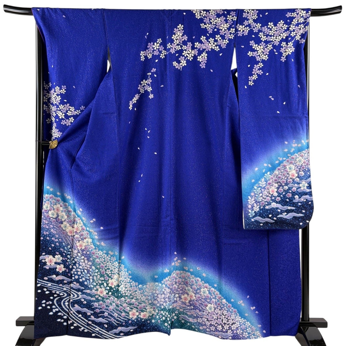 美品】 振袖 身丈163.5cm 裄丈68.5cm L 袷 桜 流水 金通し 絞り 青