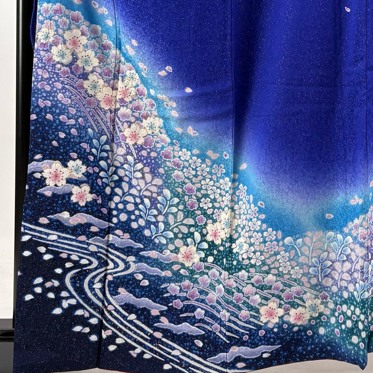 美品】 振袖 身丈163.5cm 裄丈68.5cm L 袷 桜 流水 金通し 絞り 青