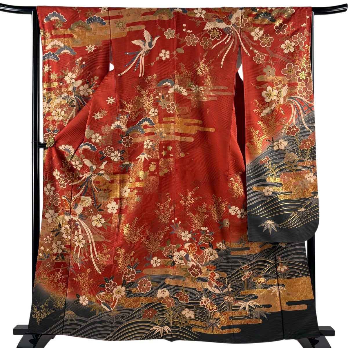 振袖 身丈162.5cm 裄丈65cm M 袷 鳳凰 桜 金糸 金彩 茜色 正絹 名品