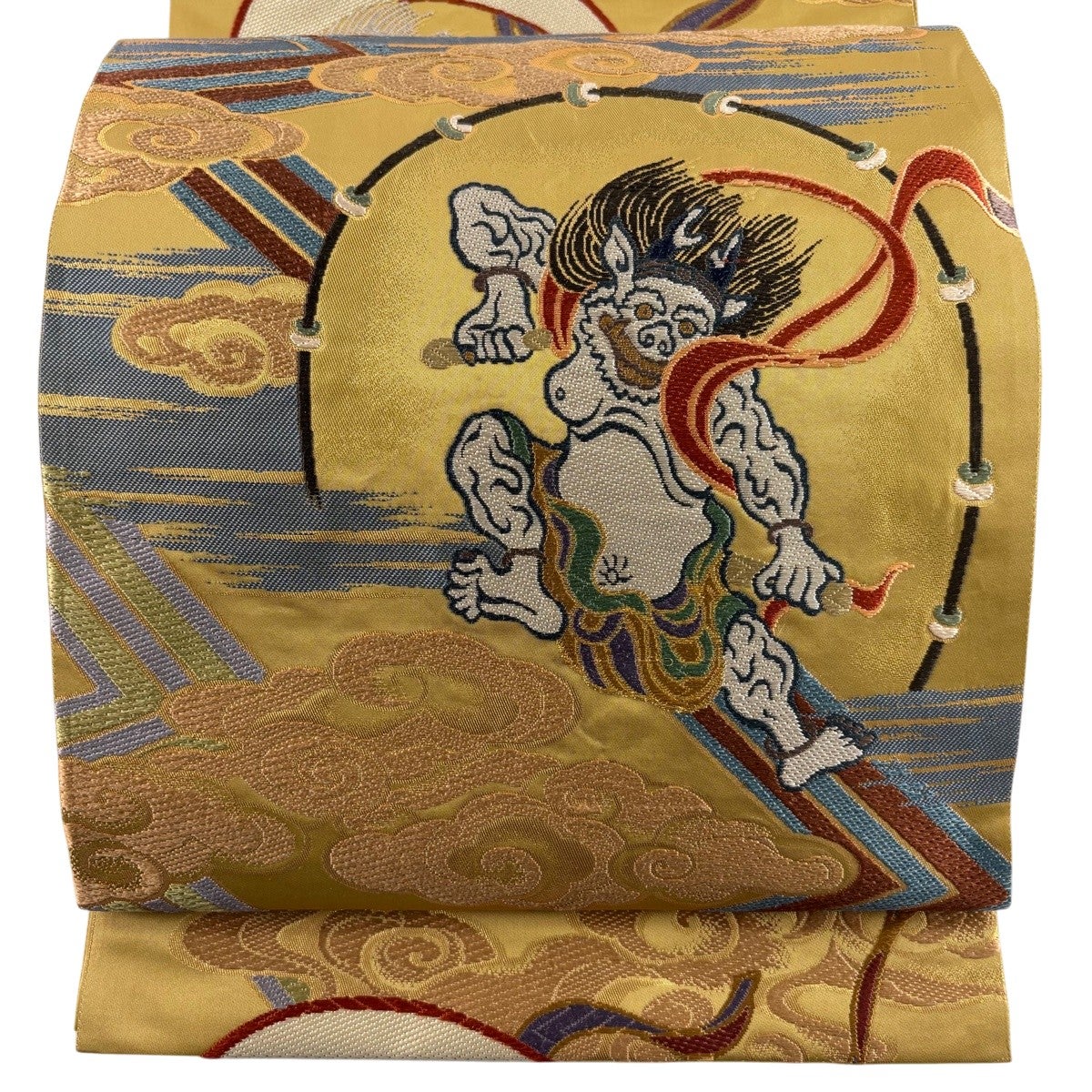 袋帯 名品 落款あり 風神雷神 箔 薄茶色 六通 正絹｜中古・古着