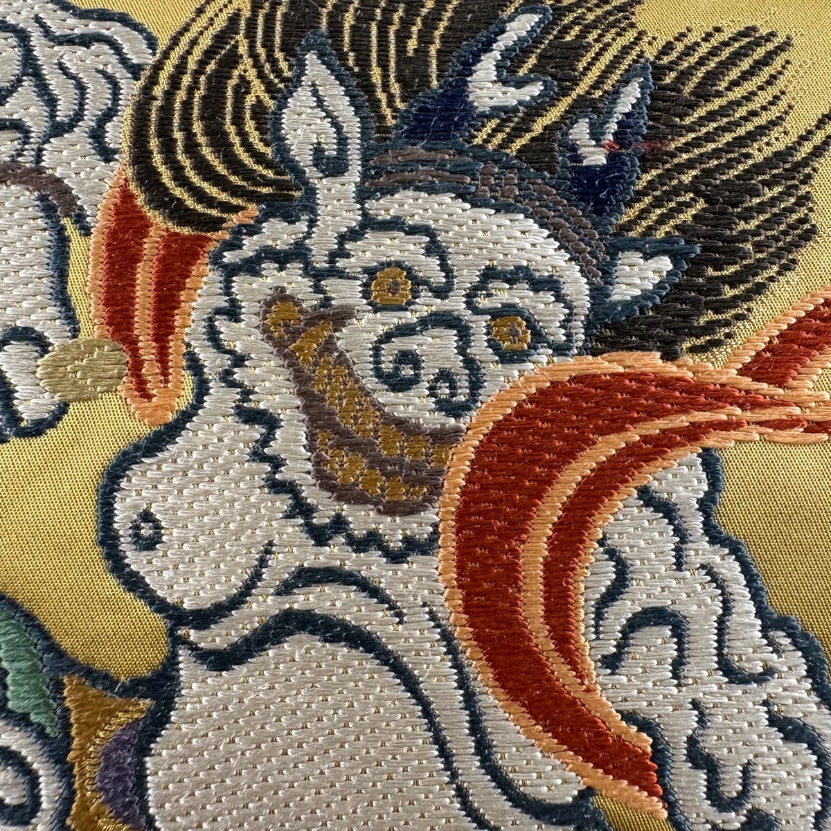 袋帯 名品 落款あり 風神雷神 箔 薄茶色 六通 正絹｜中古・古着
