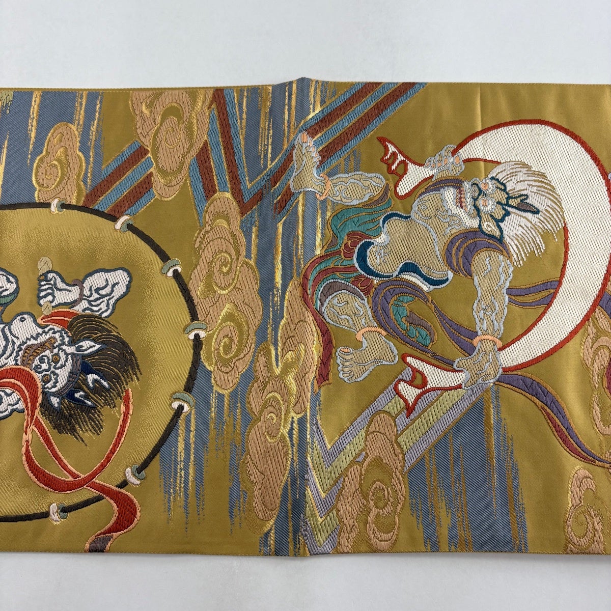 袋帯 名品 落款あり 風神雷神 箔 薄茶色 六通 正絹｜中古・古着