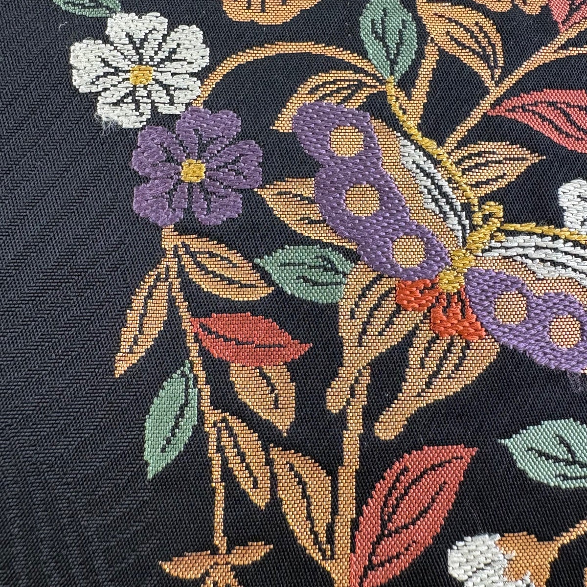 袋帯 名品 じゅらく 落款あり あけぼの繭 蝶 草花 金糸 箔 墨色 お太鼓