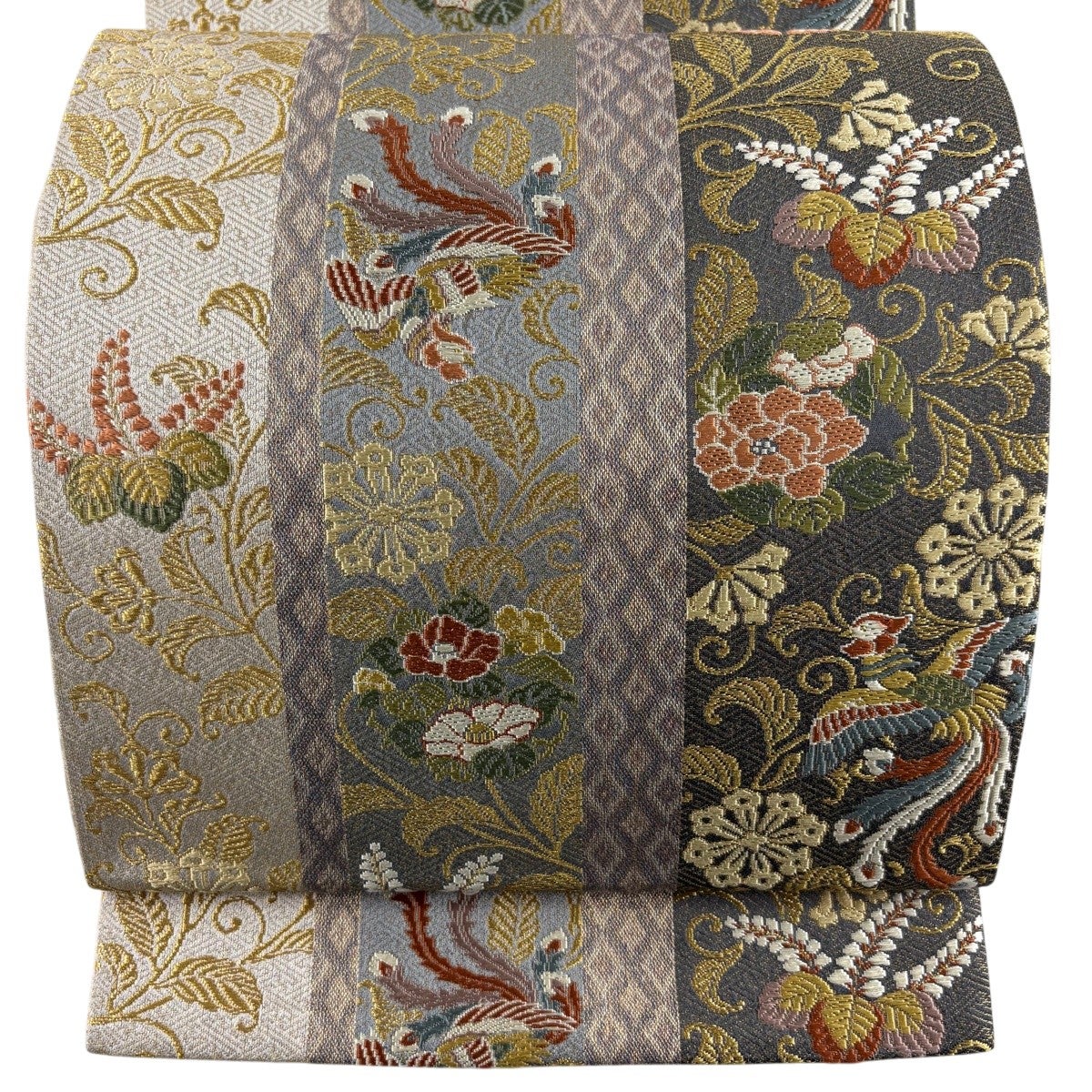 美品】 袋帯 名品 鳳凰 花唐草 金糸 箔 灰紫 六通 正絹｜中古・古着