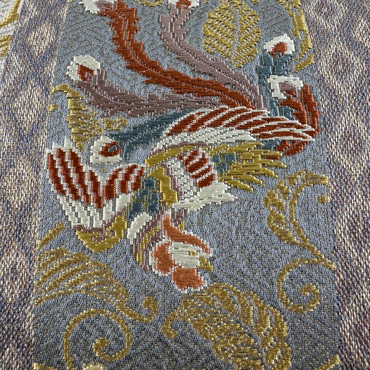 美品】 袋帯 名品 鳳凰 花唐草 金糸 箔 灰紫 六通 正絹｜中古・古着