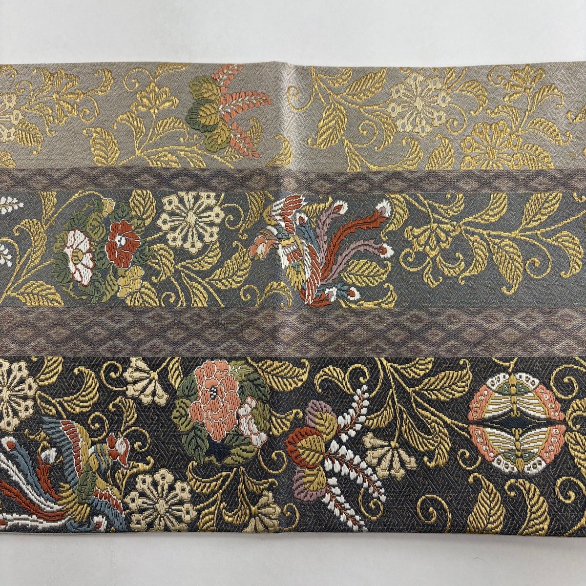 美品】 袋帯 名品 鳳凰 花唐草 金糸 箔 灰紫 六通 正絹｜中古・古着