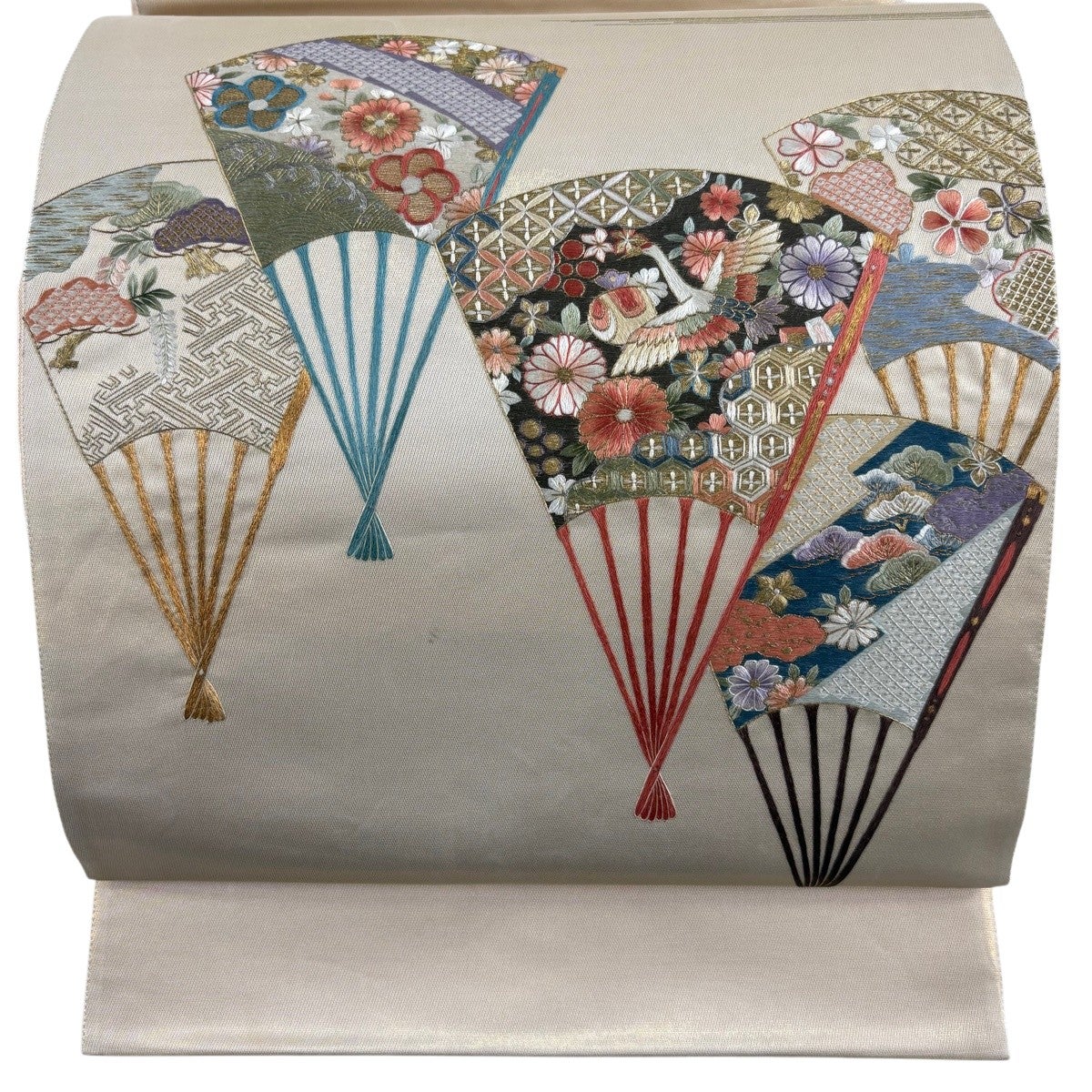 袋帯 名品 落款あり 雲娥導 扇 花鳥 蘇州刺繍 金銀糸 金色 お太鼓柄
