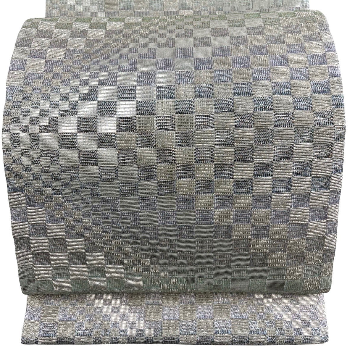美品　袋帯　 網目模様　正絹　シルバー 美品】 袋帯 名品 金華山 変わり市松 幾何学模様 銀糸 箔 銀色 六通