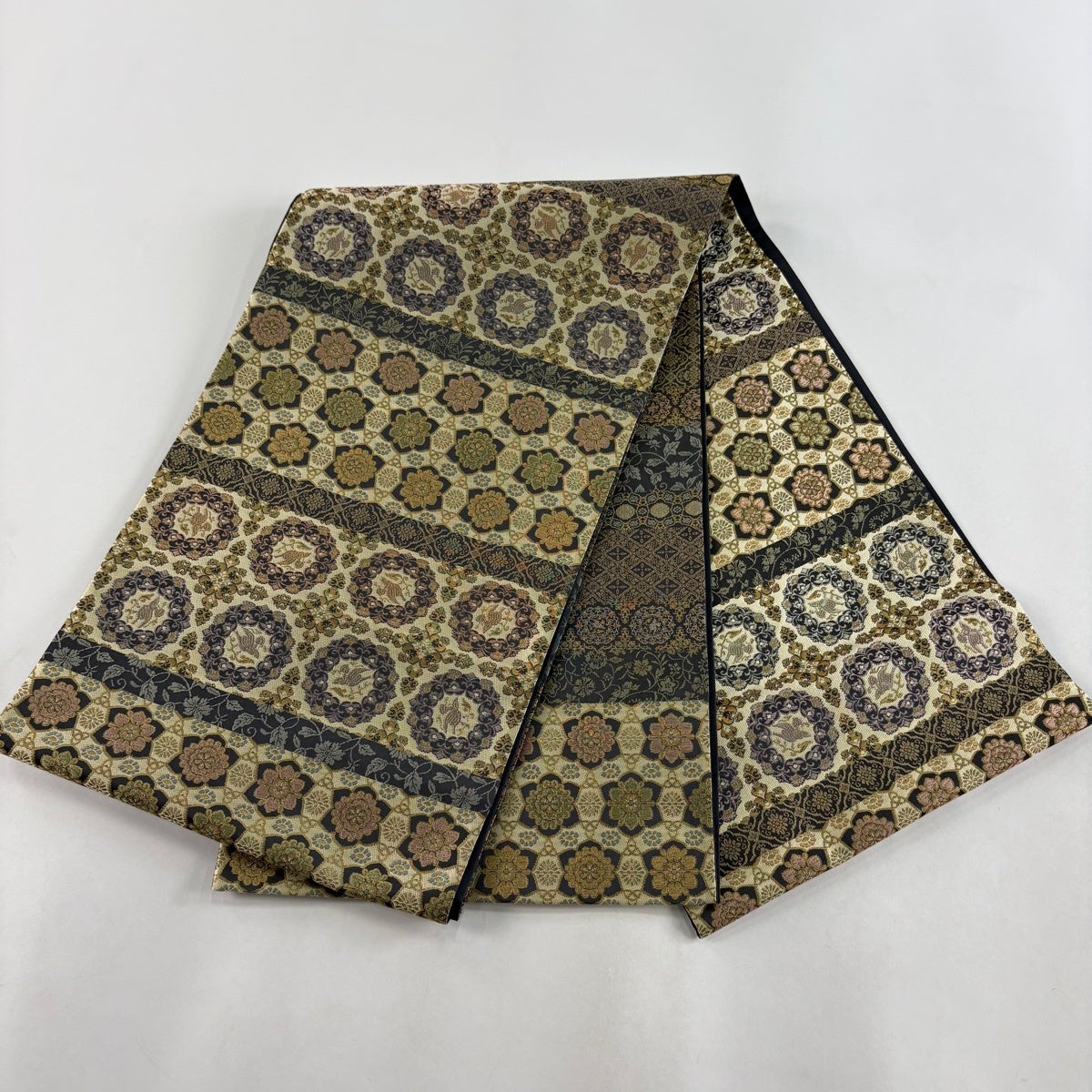 美品】 袋帯 名品 箔屋清兵衛 落款あり 花鳥 華文 箔 墨色 全通 正絹